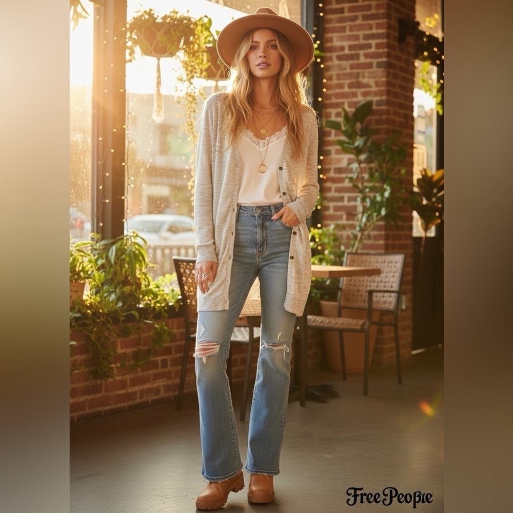 Free People Beige Long lightweight Cardigan size S
